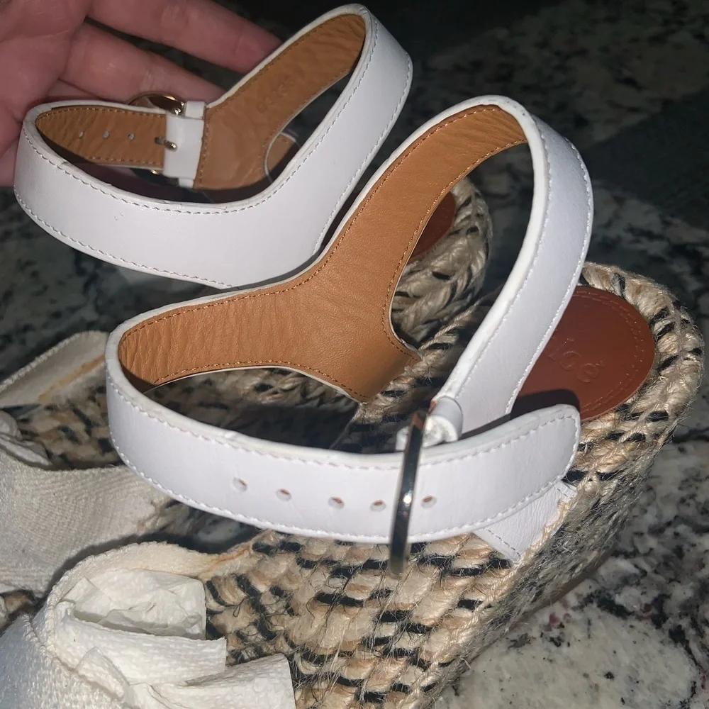 CHLOE Pila leather and canvas wedge espadrilles white / cream logo resort nwot